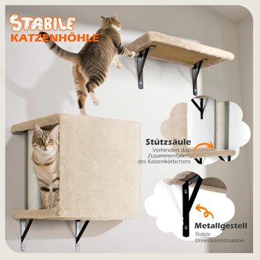 Кігтеточка-стіна для котів Eukue, комплект 10 елементів, великі настінні елементи з котячим будиночком, мостом та сизалевими стовпчиками, до 10 кг, бежевий колір