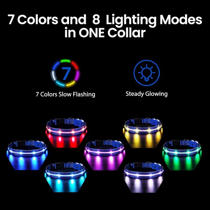 Світлодіодна нашийник для собак ASBRILL з підзарядкою, 7 кольорів RGB, 8 світлодіодів, регульований, вологостійкий, для маленьких, середніх та великих собак (S, блакитний)