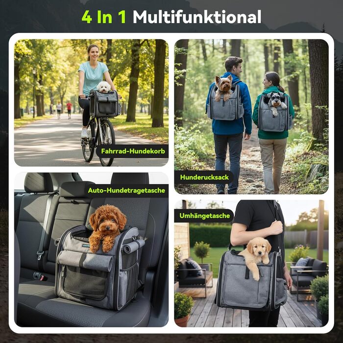 Корзина для собак на велосипед до 10 кг з міцною L-подібною кріпленням Φ80mm, складана, дихаюча, 4-в-1 (рюкзак, сумка через плече, автокрісло), з комфортним подушкою та світловідбиваючими смугами