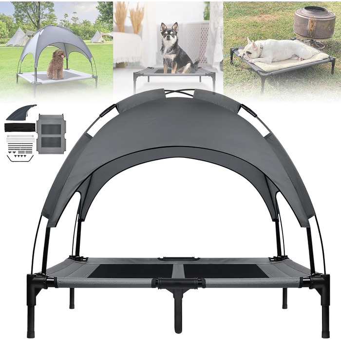 Лежанка для собак з балдахіном, лежанка для котів, лежанка для тварин на вулицю, собаче ліжко, собачий диван, місце для сну з підняттям, дихаюча тканина, тафта, до 40 кг (M, 76x61x76 см), (L 92 x 76 x92 см)