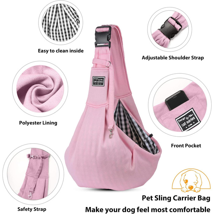 PETCUTE Сумка-переноска для собак до 7.5 кг, рожева, з регульованим ременем та передньою кишенею