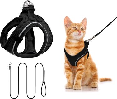 Нашийник для котів Qianruida з повідком, регульований, зручний, дихаючий, світловідбиваючий (Чорний XS)