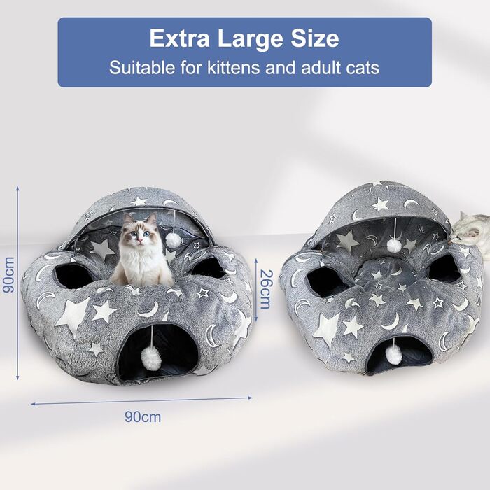 Кішка ліжко з підсвіткою, великий плюшевий тунель для котів з м'ячиком, велика шуршача печера для котів, іграшка для котів, кроликів або цуценят, сірий колір + світиться в темряві