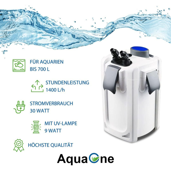 Зовнішній акваріумний фільтр AquaOne HW-703B, 1400 л/год, з УФ-C лампою 9 Вт, для акваріумів до 700 л, для прісної та морської води