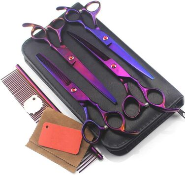 Набір ножиць для догляду за собаками, 7 дюймів, професійний триммер для тварин, леза з нержавіючої сталі, вигнуті ножиці, ножиці для розрідження, гребінець для грумінгу собак та котів, 5 шт. (фіолетовий)