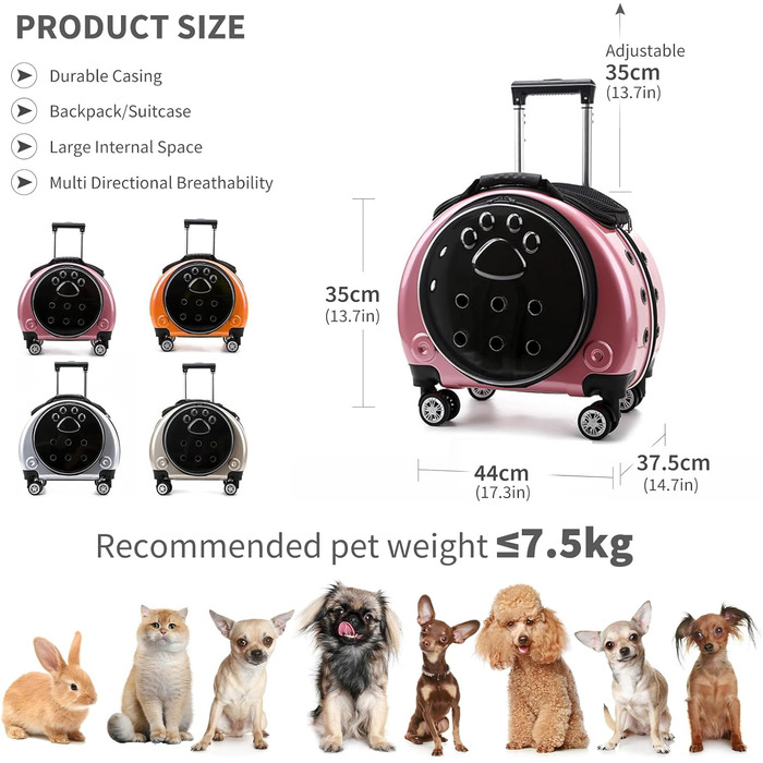 Рюкзак для тварин PETCUTE, рожевий: комфортний перенос для собак та котів до 7.5 кг, з виймальною підстилкою та преміум-колесами