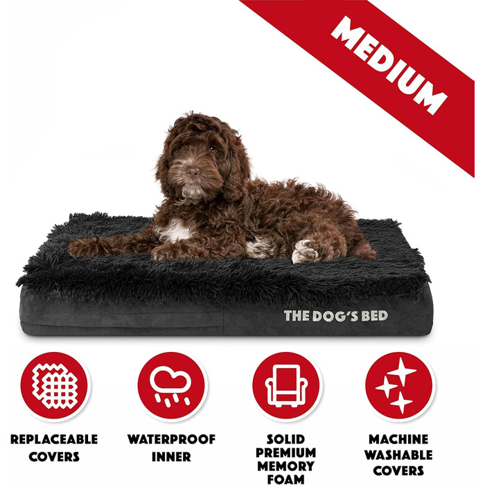 Ортопедичне ліжко для собак з Memory Foam, чорне штучне хутро, середнього розміру, вологостійке, знімні чохли