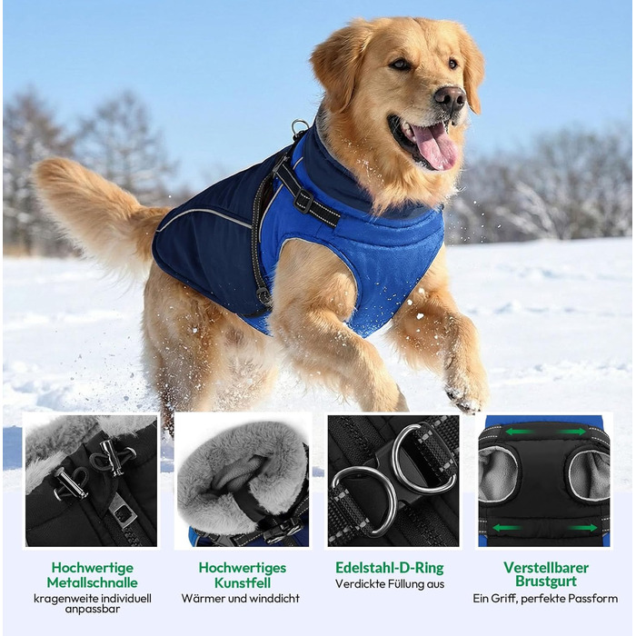 Зимовий теплий одяг для собак - куртка для маленьких собак з шлейкою, флісовою підкладкою та світловідбиваючими елементами, блакитна, XS (обхват грудної клітки 35 см)