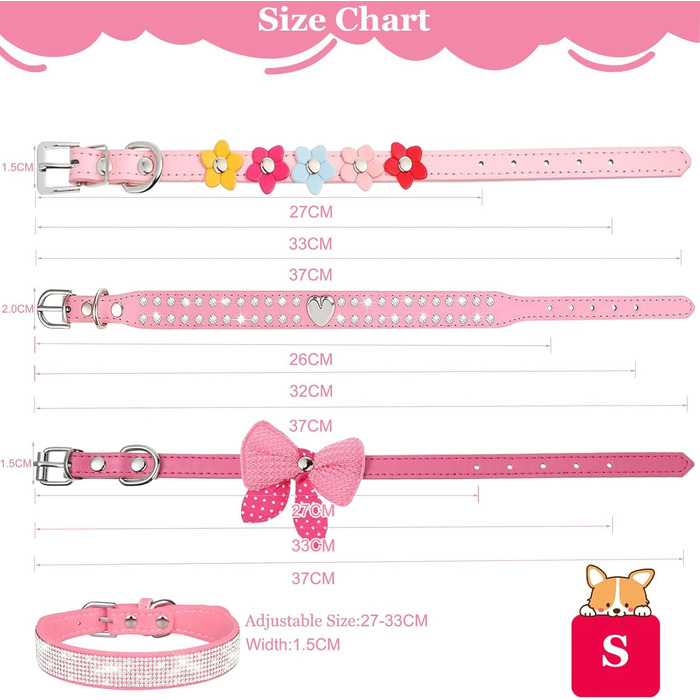 Нашийник для собак та котів Suiecuor, 4 шт., з блискітками, рожевий, S