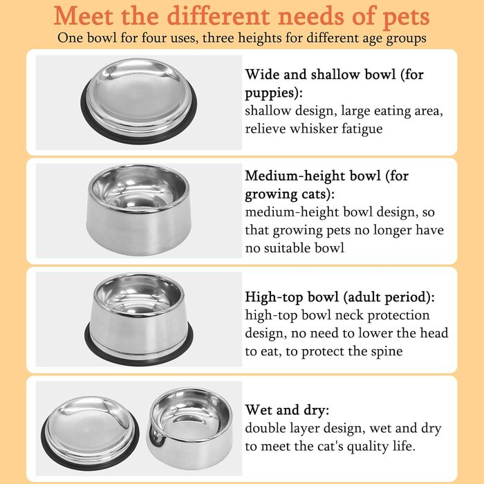 Набір мисок для котів та собак 2-в-1 з нержавіючої сталі з гумовим дном, знімні та стійкі, для цуценят, кошенят, кроликів