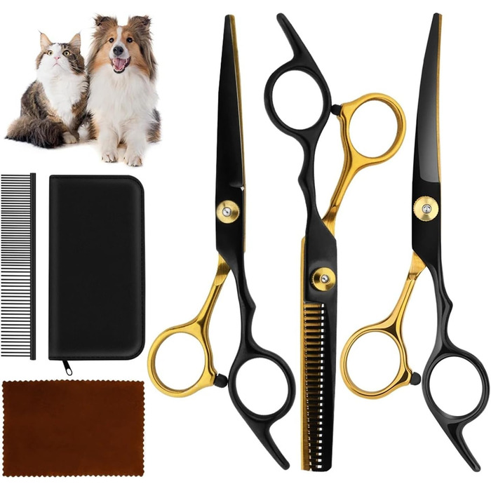 Професійний набір ножиць для собак 6 в 1: 6,6' - ідеально для грумінгу собак, котів та інших тварин. В комплекті: прямі, зубчасті та вигнуті ножиці (чорний + жовтий)