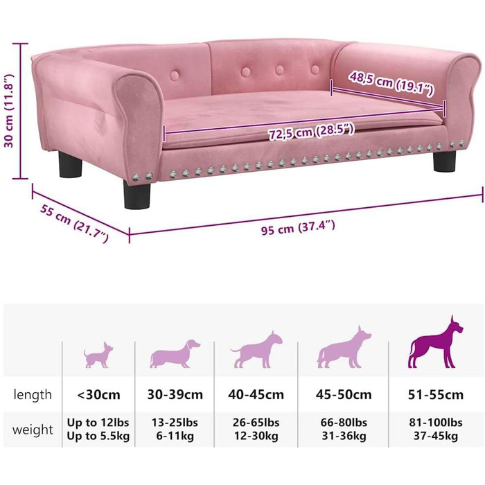 Крісло-ліжко для собак, м'яке ліжко для тварин, лежанка для собак та котів, рожеве, 95 x 55 x 30 см