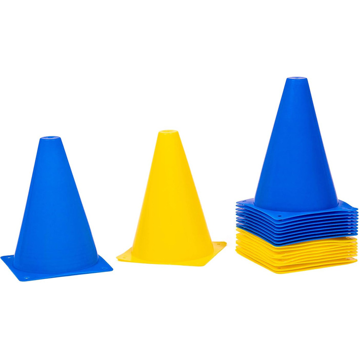8LevelUp Пиллони для тренувань (20 шт.) - 18 см, жовті та блакитні конуси. Підходять для футболу, кінного спорту, дресирування собак та коней, агіліті. З сумкою.