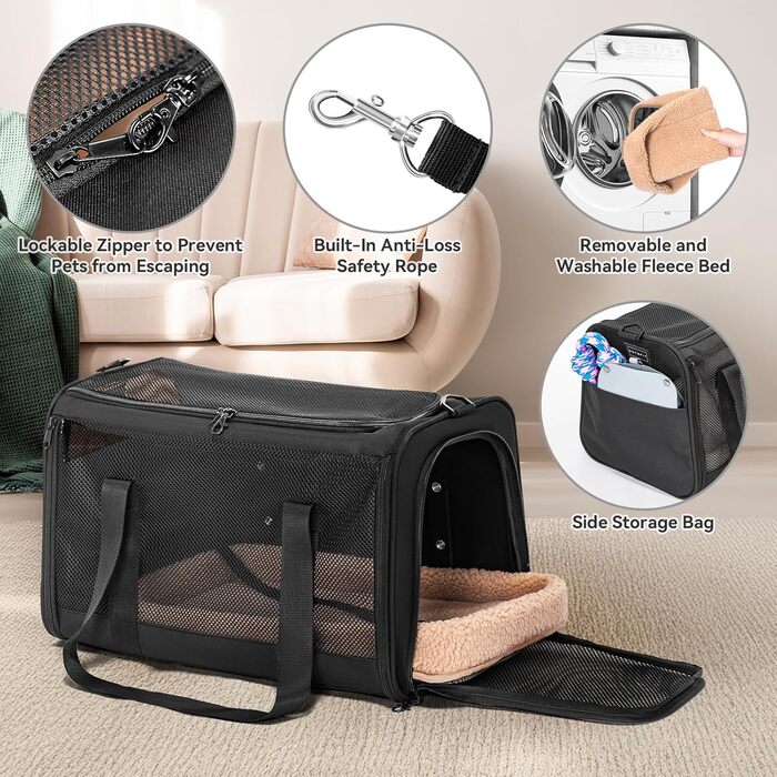 Переноска для кота та собаки Petsfit - чорна, розмір M (45.5 x 28 x 28 см) з м'яким килимком