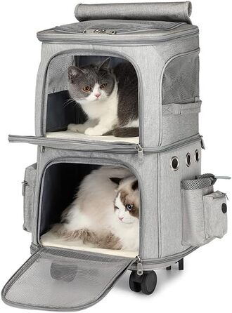 Рюкзак-переноска для кота та собаки з двома відділеннями та знімними колесами (сірий)