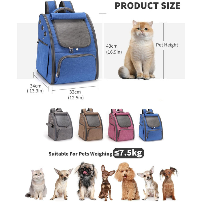 PETCUTE Рюкзак для собак та котів, дихаючий, складаний, для маленьких тварин, блакитний