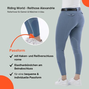 Верхні штани для верхової їзди Riding World Alexandrie для жінок та дітей | Штани для верхової їзди з накладкою на колінах з тканини | з кишенями спереду | Легінси для верхової їзди в шести кольорах | Екіпірування для верхової їзди розмір 104-176 та 32-44