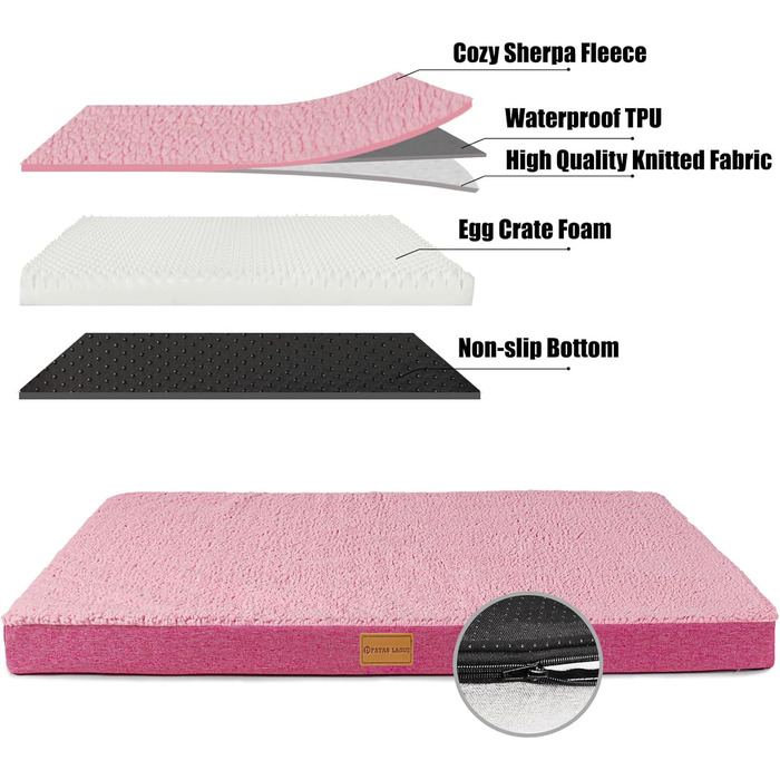 Ортопедичне ліжко для собак Patas Lague, велике, 91,4 x 61 см, м'яке, водонепроникне, з піною, знімний, пральний чохол, антиковзаюча підставка, рожевий колір, розмір L:36x24x3.5 IN