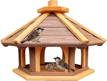 Дерев'яна годівниця для птахів шестикутна Vogel Futter Haus, садова кормова станція для диких птахів, коричнево-жовта