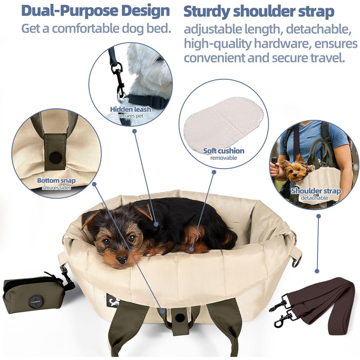 Сумка-переноска для собак Sytopia, кремово-бежева, з кишенями та регульованим поводком, водонепроникна
