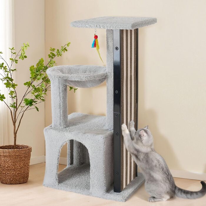 Кігтеточка Veehoo для котів, 90 см, сіра. Багатоярусна, стабільна, для дому. Ідеально для лазіння, ігор та відпочинку. Розміри: 44 x 34 x 90 см