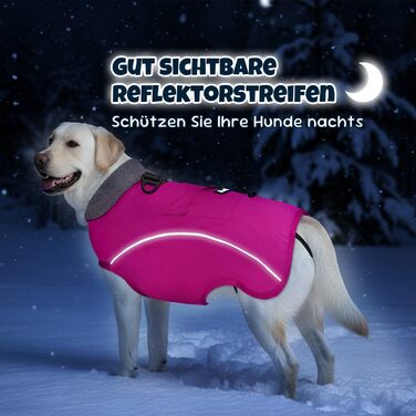 Теплий зимовий одяг для собак Nasjac - куртка з флісовою підкладкою, світловідбиваючими смугами та кишенями, водонепроникна захисна жилетка для собак середніх та великих порід, колір фуксія, розмір L