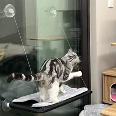 Котяча гамак для вікна JinRui-T, стійка, сонячне ліжко з міцними присосками, місце для відпочинку для котів, економія місця, кріплення, до 13,6 кг (чорний)