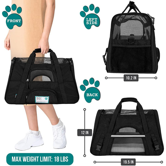 Транспортна сумка для тварин PetAmi, чорна, велика (19.5'L x 10.2'W x 12'H), сертифікована для авіаперевезень, з м'якими стінками та вентиляцією