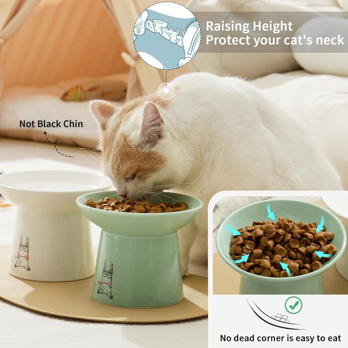Керамічна миска для котів OMAYKEY з широким дном, 16,5 см, піднята миска для їжі та води, широка, плоска миска для котячого корму, захист від чутливості вусів, втоми, підтримка хребта, зелено-білий колір