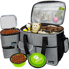 PetAmi переносна сумка для собак, відповідна вимогам авіакомпаній, органайзер з багатофункціональними кишенями, контейнер для їжі та складний миска, чорний, велика (L 37 x B 20 x H 30 cm), смужка, чорний