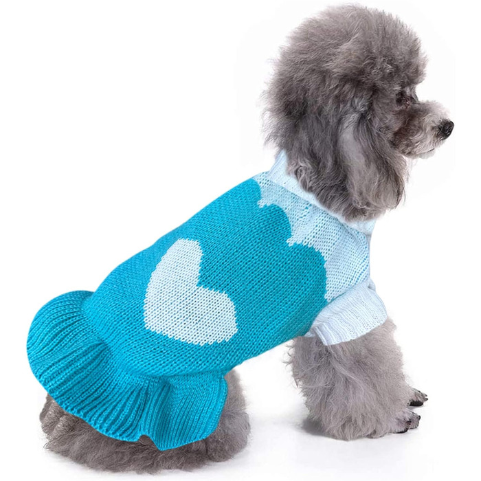 Пуловер для собак CHBORCHICEN, класичний в'язаний пуловер з коміром-горловиною, теплий зимовий одяг для цуценят, милий пуловер з малюнком 'полуниця' та 'серце' (M, Dress-Red1), сукня, небесно-блакитний (Small)