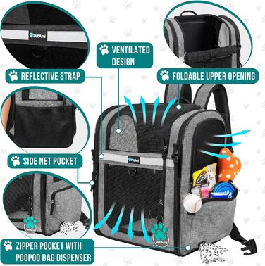 PetAmi Рюкзак для котів та собак, великий та малий, для подорожей, безпечний, дихаючий, сірий, Large