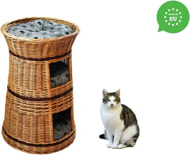 Кошик для котів із лози 50 см, триярусне ліжко з подушкою, натуральний колір, для котів і собак, котяча хата для дому