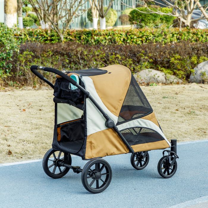 Складаний візок для собак середніх порід, собачий buggy на 4 колесах із безпековим повідцем та гальмами, коричневий