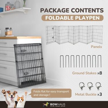 BOWHAUS Розкладний вольєр для собак (8 панелей), металевий, для дому та вулиці, 76.2 см