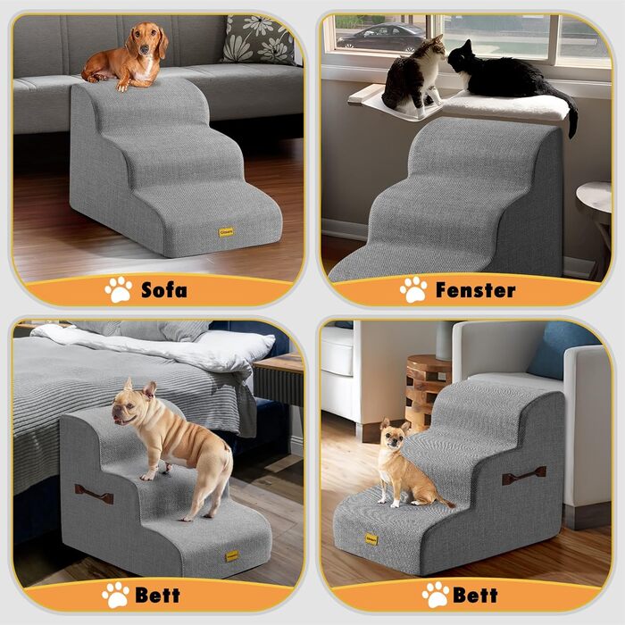 Сходинки для собак Gimars: широкі, міцні, з 3 ступенів, з високощільної піни 30D, сірі, для маленьких та середніх собак, з неслизьким покриттям, знімний та пральний чохол