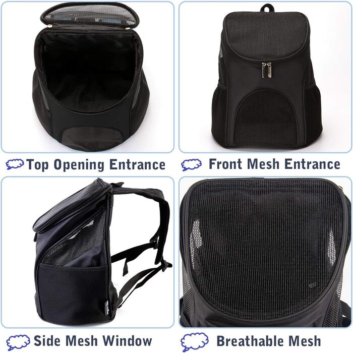 Рюкзак для собак і котів, переноска для тварин, рюкзак для собак до 4 кг, чорний (для подорожей, піших прогулянок, кемпінгу)