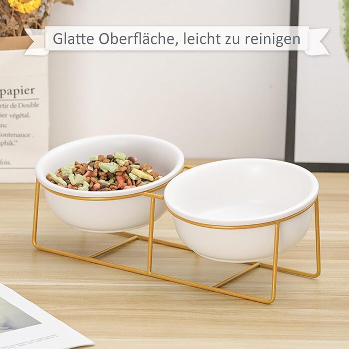 Підвищений набір мисок для собак та котів з підставкою - 2 шт. по 480 мл, кераміка, білий