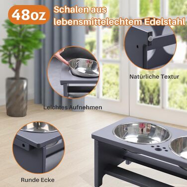 Підвищені годівниці для собак HTB, бамбук, 2 миски з нержавіючої сталі, 44x24x18 см, 18 см висота, сірий колір