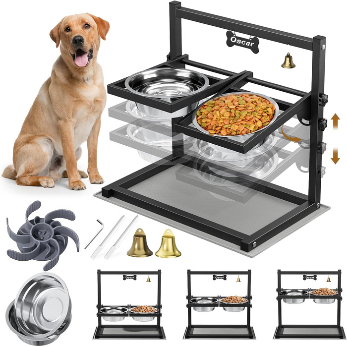 Підвищена годівниця для собак Sunowl, регульована по висоті та куту нахилу, 0-90°, 2 миски з нержавіючої сталі, повільне годування, не проливається, з килимком