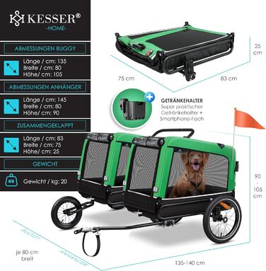 KESSER Причіп для собак Boxer 3-в-1: візок, джоггер і велопричіп, 240 л, амортизований, 600D Оксфорд, до 40 кг