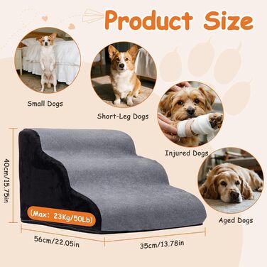 Сходинки для собак Nobleza – 3 сходинки, сірі, 35x56x40 см, з миючим покриттям та протиковзким дном