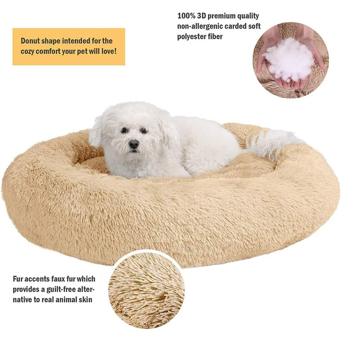 Кругле ліжко для кота/собаки Donut, 70 см, бежеве. М'яке, зручне, з густою оббивкою, для дому, миється.