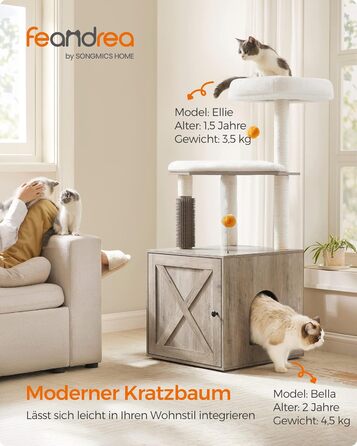 Котячий комплекс Feandrea WoodyWonders 2-в-1 з когтеточкою, туалетом у шафі, 134 см, з драпаком, платформою, знімними подушками, грейж