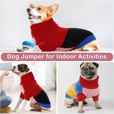 Вовняний пуловер для собак Hjumarayan, вінтажний стиль, отвір для повідка, блоковий колір, пуловер з коміром-стійкою для маленьких собак, теплий, червоний S