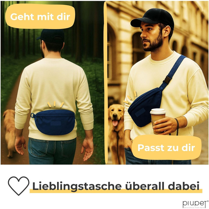 PiuPet® Сумка для ласощів для собак | Стильна та водонепроникна сумка для прогулянок з 3 відділеннями на блискавці | 2-в-1 сумка на живіт та через плече для дресирування собак | Знімний внутрішній кишеньковий органайзер (Блакитна)