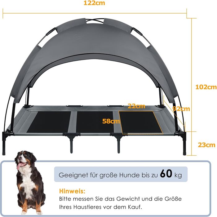 Підвищене ліжко для собак UISEBER 92x76x92 см, Outdoor, з дахом, до 50 кг, вологостійке, сіре+чорне (XL)