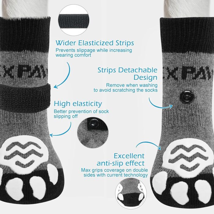 Шкарпетки для собак EXPAWLORER проти слизьких лап, захист подушечок, для гарячих доріг, для цуценят, малих, середніх, великих собак, 6 шт. (X-small, чорний)