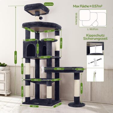 Комплекс для котів Globlazer Kratzbaum 165 см для великих котів, темно-сірий: будиночок, платформа, лежак, стовпчики