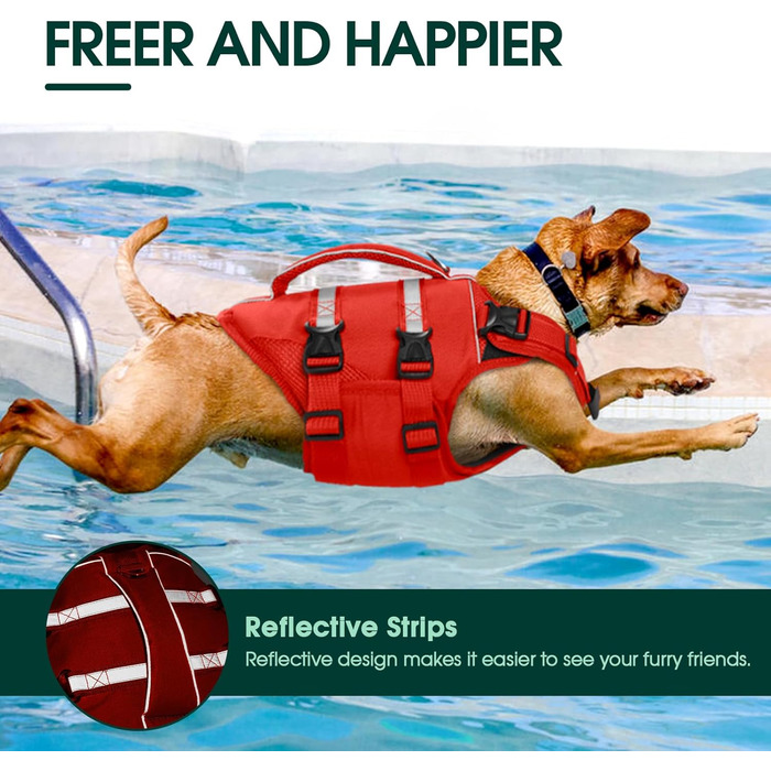 Жилет рятувальний для собак великих порід Kuoser, червоний XL. Рятувальний жилет з ручкою та світловідбиваючими елементами, регульований, покращений плавучість